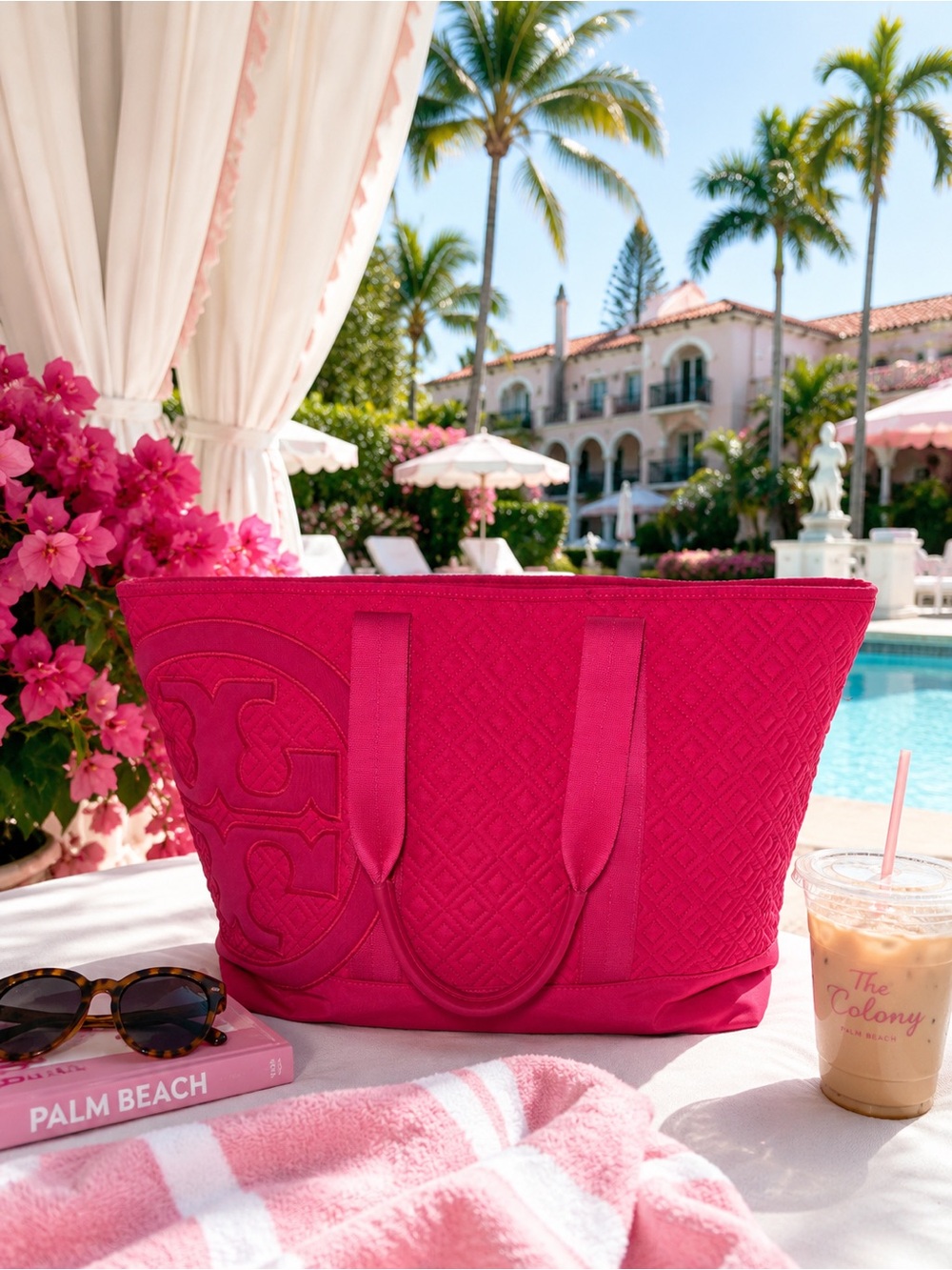 Tory Burch Ella Quilted Nylon Tote Pink Oversized Logo Travel Bag